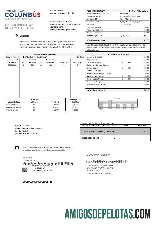 realista Modelo de conta de serviços públicos nos EUA, Ohio, cidade de Columbus, em formatos Word e PDF